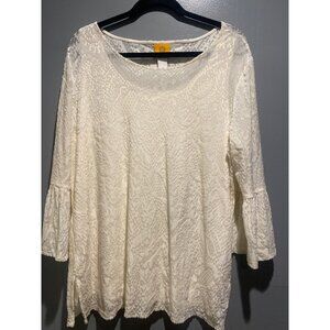 Ruby Rd L Ivory Sheer lined Burnout Top Velvety Bell Sleeves Feminine Romantic